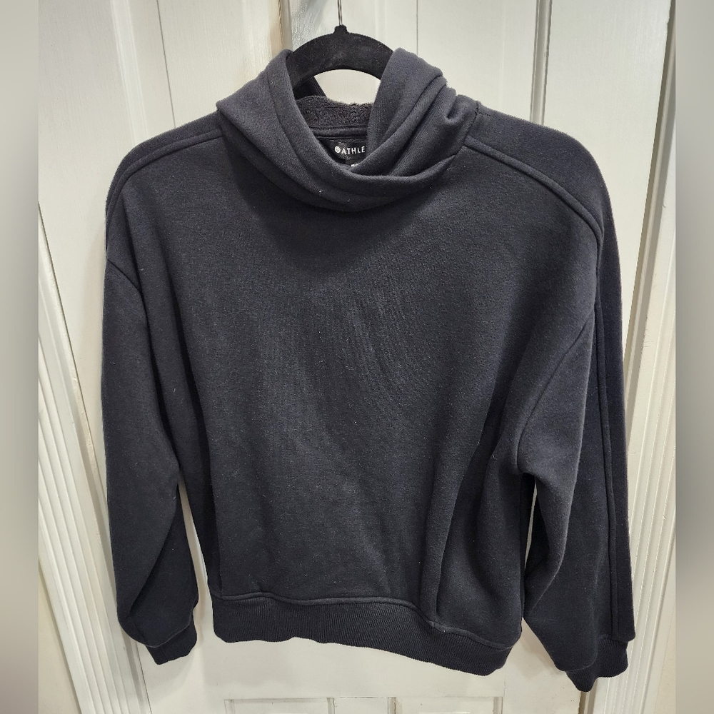 Athleta Double Cozy Karma Funnel Neck Sweatshirt in black. XXS/TTP